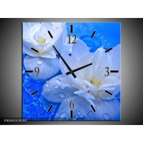 Wandklok op Canvas Bloem | Kleur: Wit, Blauw | F002655C