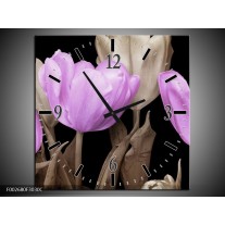 Wandklok op Canvas Tulp | Kleur: Paars, Zwart, Grijs | F002680C