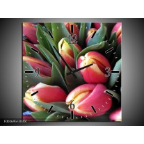 Wandklok op Canvas Tulp | Kleur: Roze, Groen, Geel | F002695C