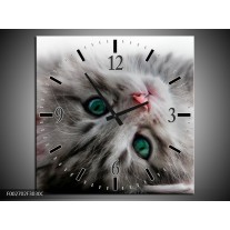 Wandklok op Canvas Kat | Kleur: Grijs, Groen, Wit | F002702C