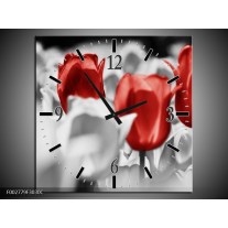 Wandklok op Canvas Tulpen | Kleur: Rood, Grijs, Wit | F002779C