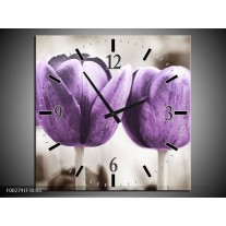 Wandklok op Canvas Tulpen | Kleur: Paars, Grijs, Wit | F002791C