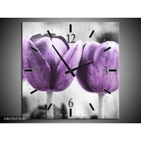 Wandklok op Canvas Tulpen | Kleur: Paars, Grijs, Wit | F002792C