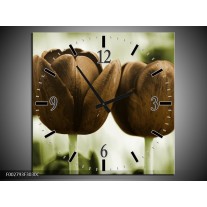 Wandklok op Canvas Tulpen | Kleur: Bruin, Groen | F002793C