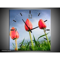 Wandklok op Canvas Tulpen | Kleur: Rood, Blauw, Groen | F002856C