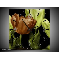 Wandklok op Canvas Tulpen | Kleur: Groen, Bruin | F002867C