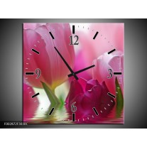 Wandklok op Canvas Tulpen | Kleur: Roze, Wit, Groen | F002872C