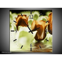 Wandklok op Canvas Tulpen | Kleur: Bruin, Groen | F002924C