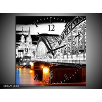 Wandklok op Canvas Brug | Kleur: Grijs, Bruin, Blauw | F003079C