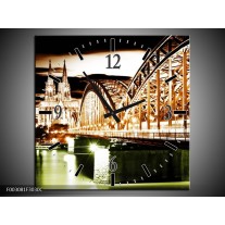 Wandklok op Canvas Brug | Kleur: Bruin, Groen, Wit | F003081C