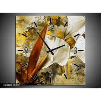 Wandklok op Canvas Bloem | Kleur: Wit, Bruin, Geel | F003168C
