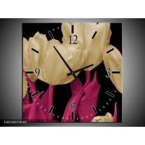 Wandklok op Canvas Tulpen | Kleur: Wit, Zwart, Roze | F003181C