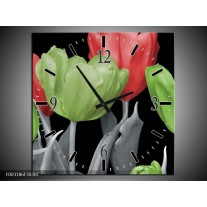 Wandklok op Canvas Tulpen | Kleur: Groen, Grijs, Rood | F003186C
