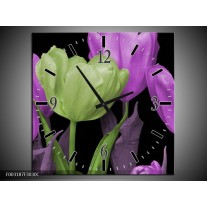 Wandklok op Canvas Tulpen | Kleur: Paars, Groen, Zwart | F003187C