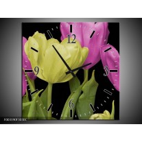 Wandklok op Canvas Tulpen | Kleur: Paars, Groen, Zwart | F003190C