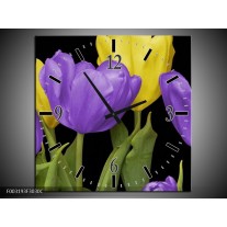 Wandklok op Canvas Tulpen | Kleur: Paars, Geel, Groen | F003193C