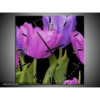Wandklok op Canvas Tulpen | Kleur: Paars, Blauw, Groen | F003194C