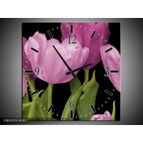 Wandklok op Canvas Tulpen | Kleur: Paars, Groen, Zwart | F003195C