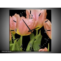 Wandklok op Canvas Tulpen | Kleur: Roze, Groen, Zwart | F003196C