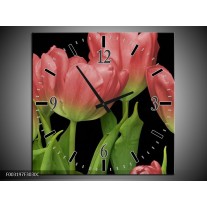 Wandklok op Canvas Tulpen | Kleur: Rood, Groen, Zwart | F003197C