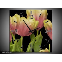Wandklok op Canvas Tulpen | Kleur: Roze, Zwart, Wit | F003198C