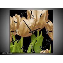 Wandklok op Canvas Tulpen | Kleur: Goud, Groen, Zwart | F003199C