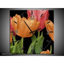 Wandklok op Canvas Tulpen | Kleur: Oranje, Rood, Groen | F003201C