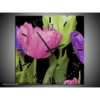 Wandklok op Canvas Tulpen | Kleur: Paars, Groen, Roze | F003203C