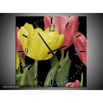 Wandklok op Canvas Tulpen | Kleur: Geel, Rood, Zwart | F003204C