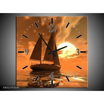 Wandklok op Canvas Zeilboot | Kleur: Bruin, Geel, Grijs | F003223C