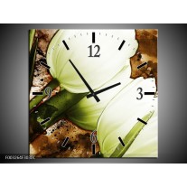 Wandklok op Canvas Tulpen | Kleur: Groen, Wit, Bruin | F003264C