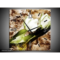 Wandklok op Canvas Tulpen | Kleur: Groen, Bruin, Wit | F003281C