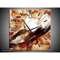 Wandklok op Canvas Tulpen | Kleur: Bruin, Wit | F003284C