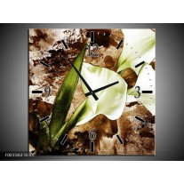 Wandklok op Canvas Bloem | Kleur: Bruin, Wit, Groen | F003306C