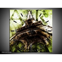 Wandklok op Canvas Eiffeltoren | Kleur: Groen, Bruin | F003324C