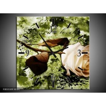 Wandklok op Canvas Roos | Kleur: Groen, Bruin, Wit | F003334C