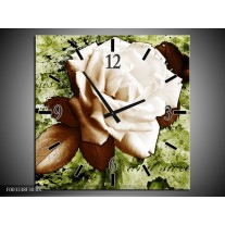 Wandklok op Canvas Roos | Kleur: Bruin, Wit, Groen | F003338C