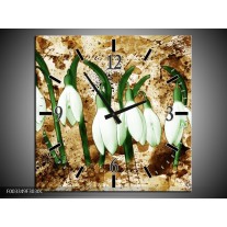 Wandklok op Canvas Bloem | Kleur: Groen, Bruin, Wit | F003349C