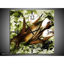 Wandklok op Canvas Tulpen | Kleur: Groen, Bruin, Wit | F003355C