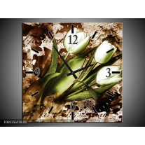 Wandklok op Canvas Tulpen | Kleur: Groen, Bruin, Wit | F003356C