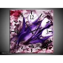 Wandklok op Canvas Tulpen | Kleur: Paars, Wit, Roze | F003357C