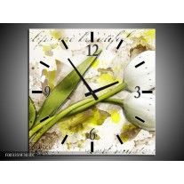 Wandklok op Canvas Tulpen | Kleur: Groen, Wit, Geel | F003359C