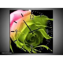 Wandklok op Canvas Roos | Kleur: Roze, Groen, Zwart | F003559C