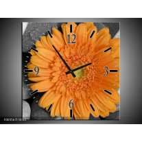 Wandklok op Canvas Bloem | Kleur: Oranje, Grijs | F003567C