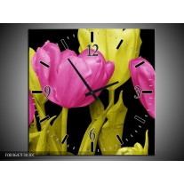 Wandklok op Canvas Tulp | Kleur: Roze, Geel, Zwart | F003647C