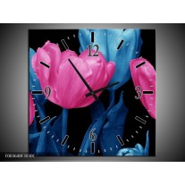 Wandklok op Canvas Tulp | Kleur: Roze, Blauw, Zwart | F003648C