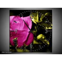Wandklok op Canvas Roos | Kleur: Roze, Groen, Zwart | F003710C