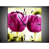 Wandklok op Canvas Tulp | Kleur: Roze, Groen, Wit | F003725C