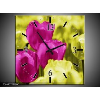 Wandklok op Canvas Tulp | Kleur: Roze, Groen, Wit | F003727C