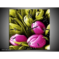 Wandklok op Canvas Tulp | Kleur: Roze, Groen, Wit | F003728C